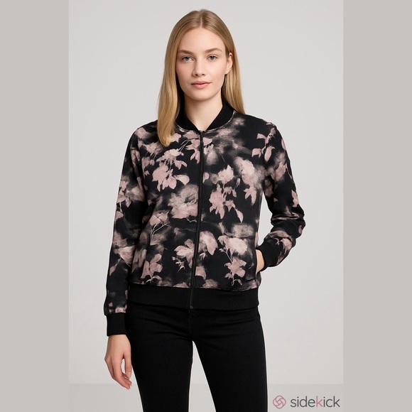 Skechers Reversible Bomber Jacket Black White Floral Print Zip Up Women’s Large - Picture 1 of 11